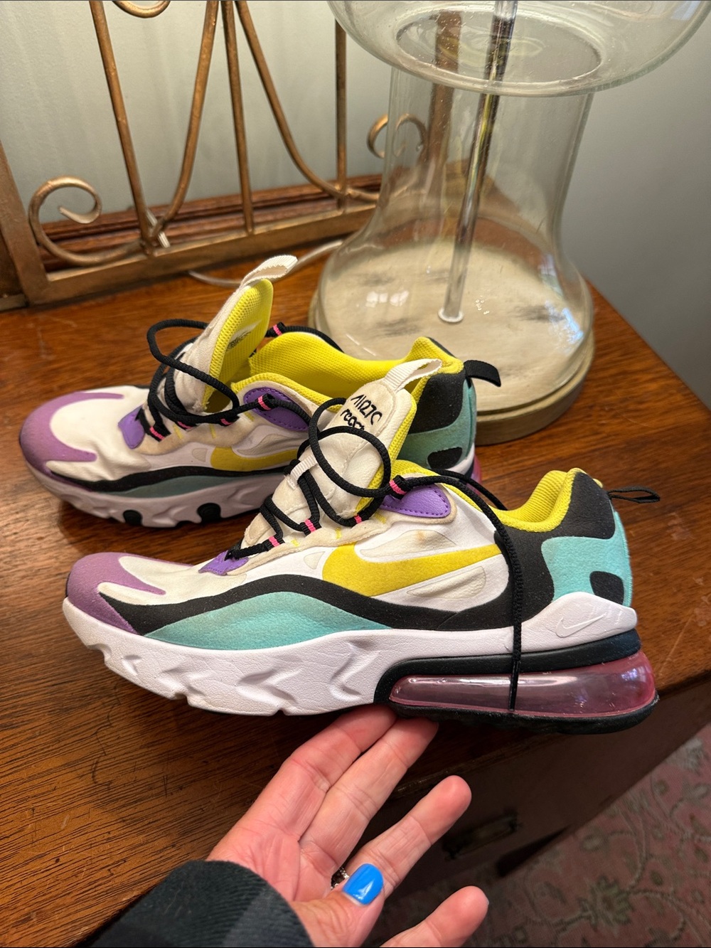 Nike Air270 react Purple Teal Yellow Black White Air Max React Sneakers 6.5 y